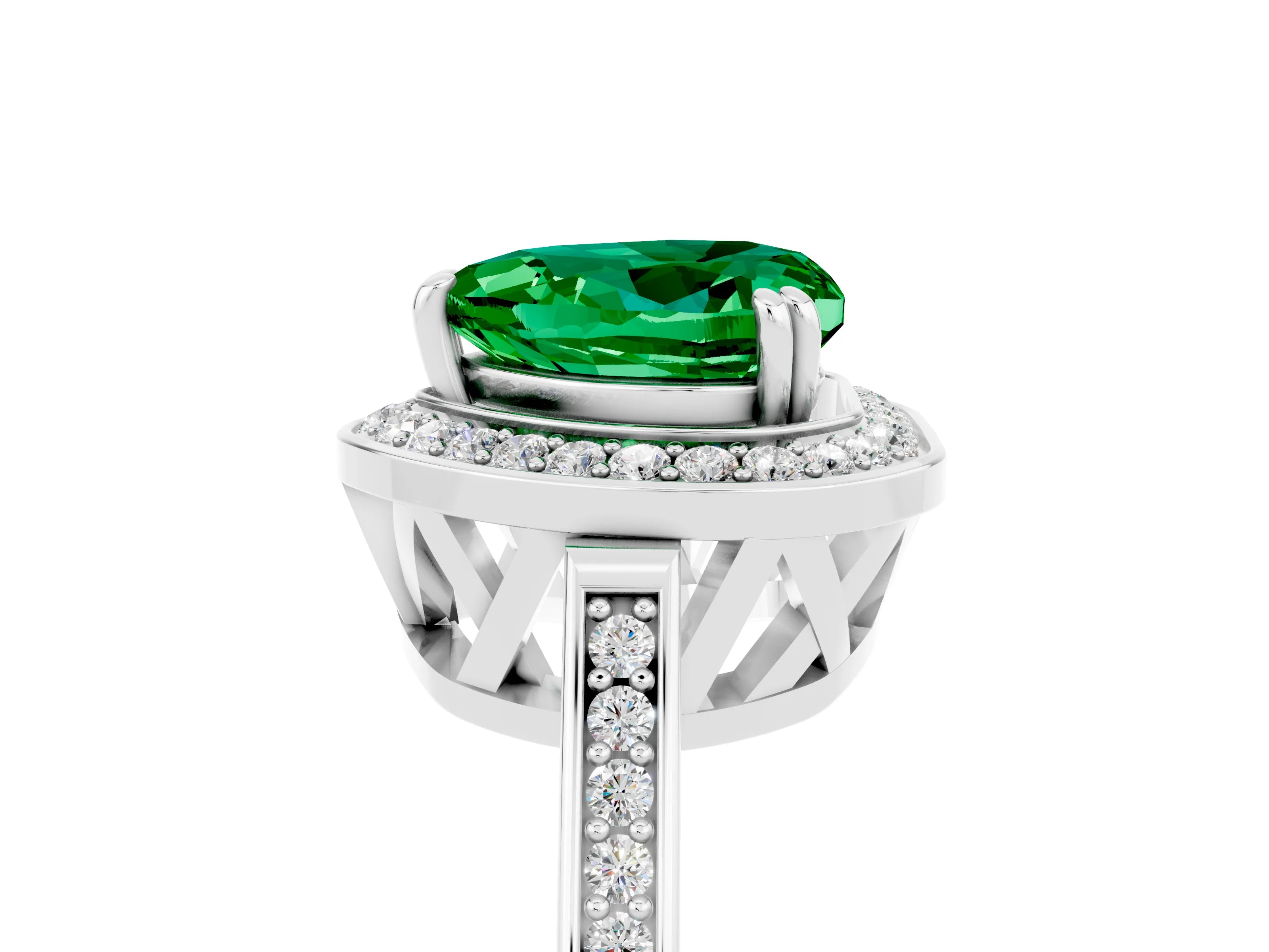 White gold Heart Cut Emerald Halo Ring with Split Shank and Four-Prong Setting_16