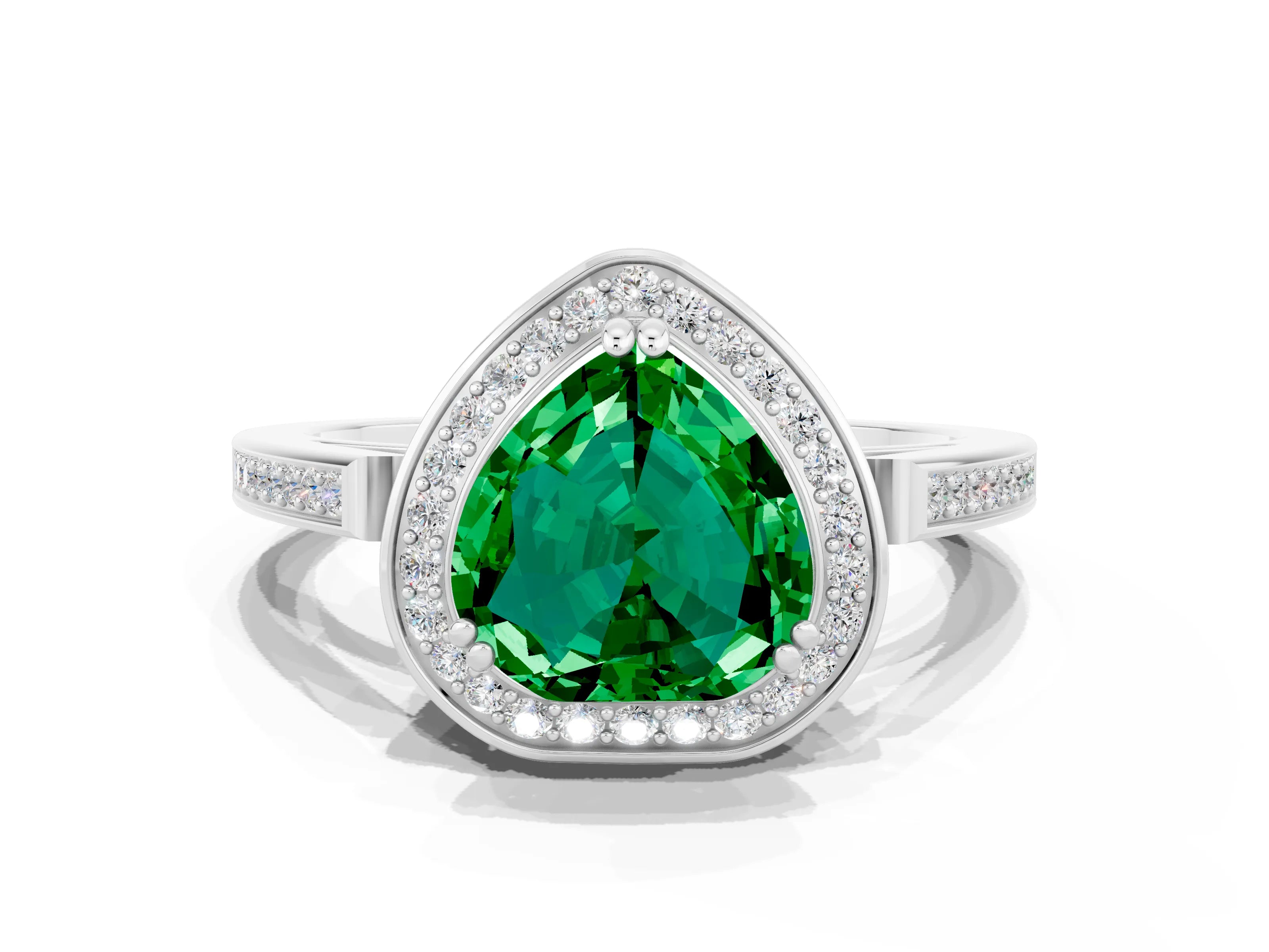 White gold Heart Cut Emerald Halo Ring with Split Shank and Four-Prong Setting_18