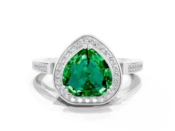 White gold Heart Cut Emerald Halo Ring with Split Shank and Four-Prong Setting