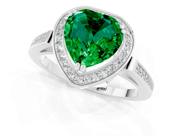 White gold Heart Cut Emerald Halo Ring with Split Shank and Four-Prong Setting