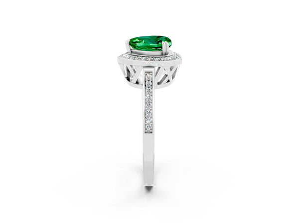 White gold Heart Cut Emerald Halo Ring with Split Shank and Four-Prong Setting