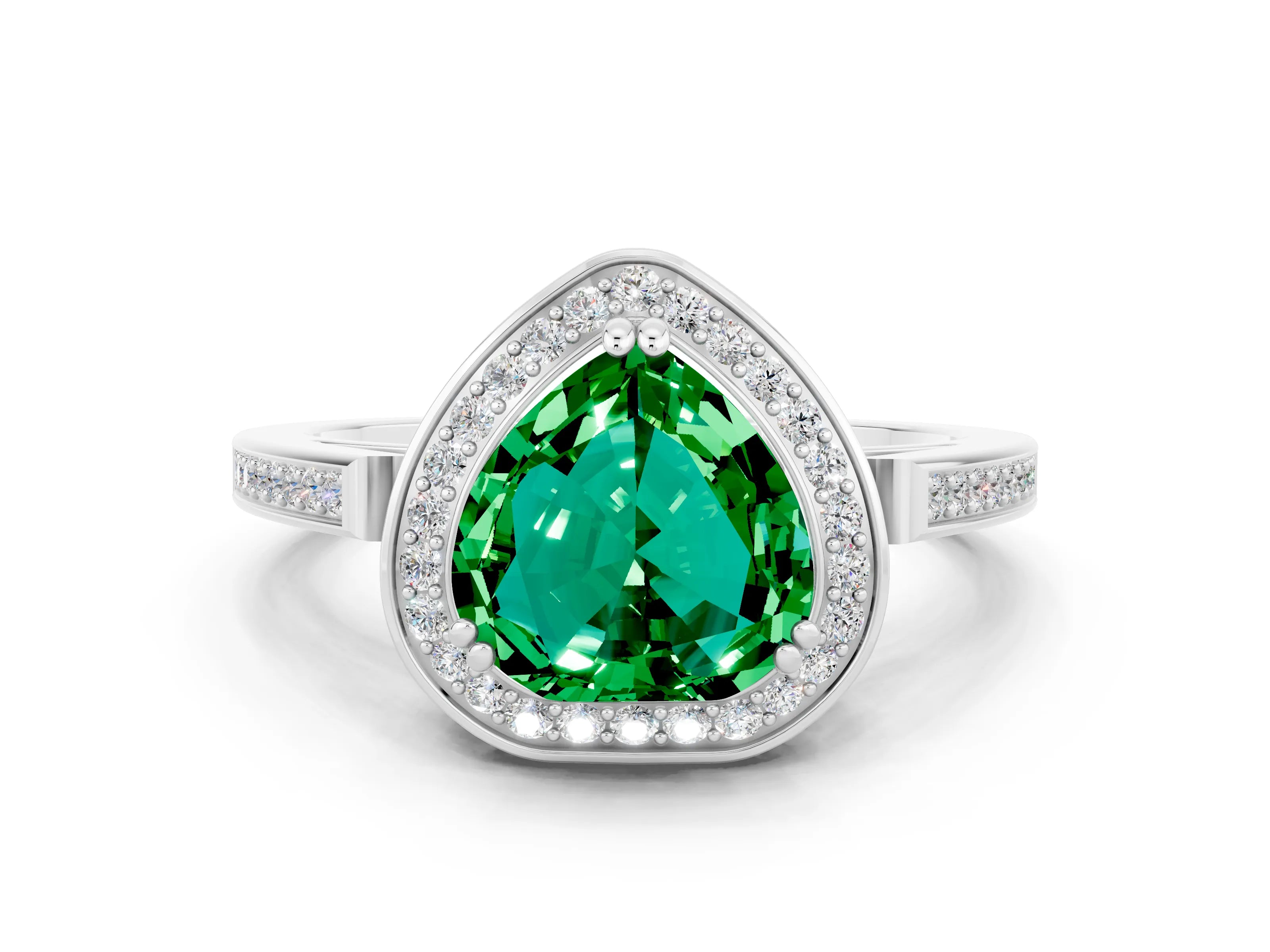 White gold Heart Cut Emerald Halo Ring with Split Shank and Four-Prong Setting_23