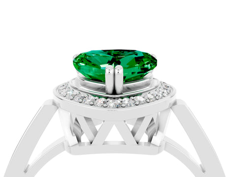 White gold Heart Cut Emerald Halo Ring with Split Shank and Four-Prong Setting_4