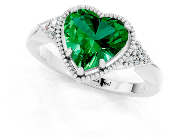 Platinum Heart Cut Emerald Halo Ring with Tapered Band and Four-Prong Setting