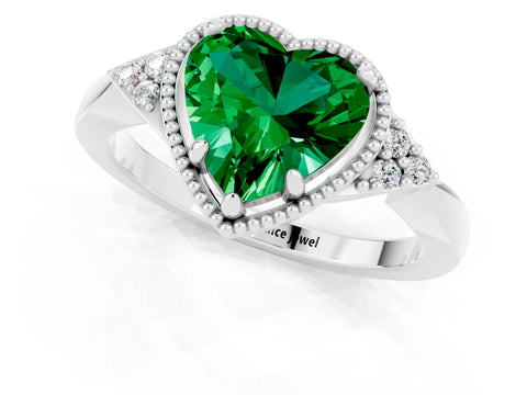 White gold Heart Cut Emerald Halo Ring with Tapered Band and Four-Prong Setting_1