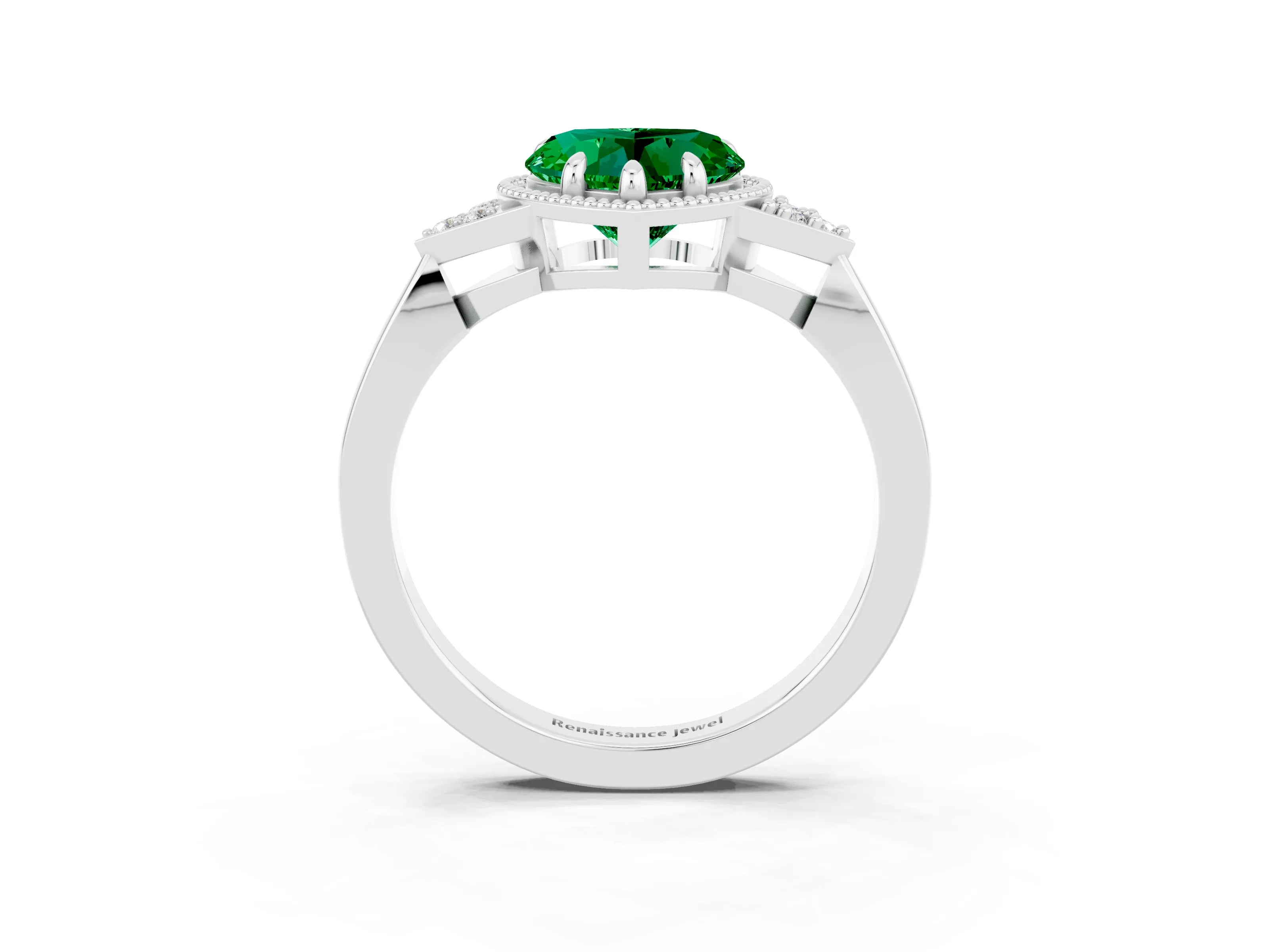 White gold Heart Cut Emerald Halo Ring with Tapered Band and Four-Prong Setting_3