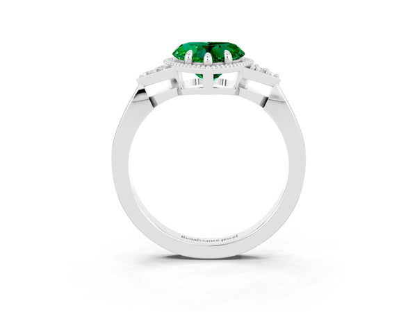 Platinum Heart Cut Emerald Halo Ring with Tapered Band and Four-Prong Setting