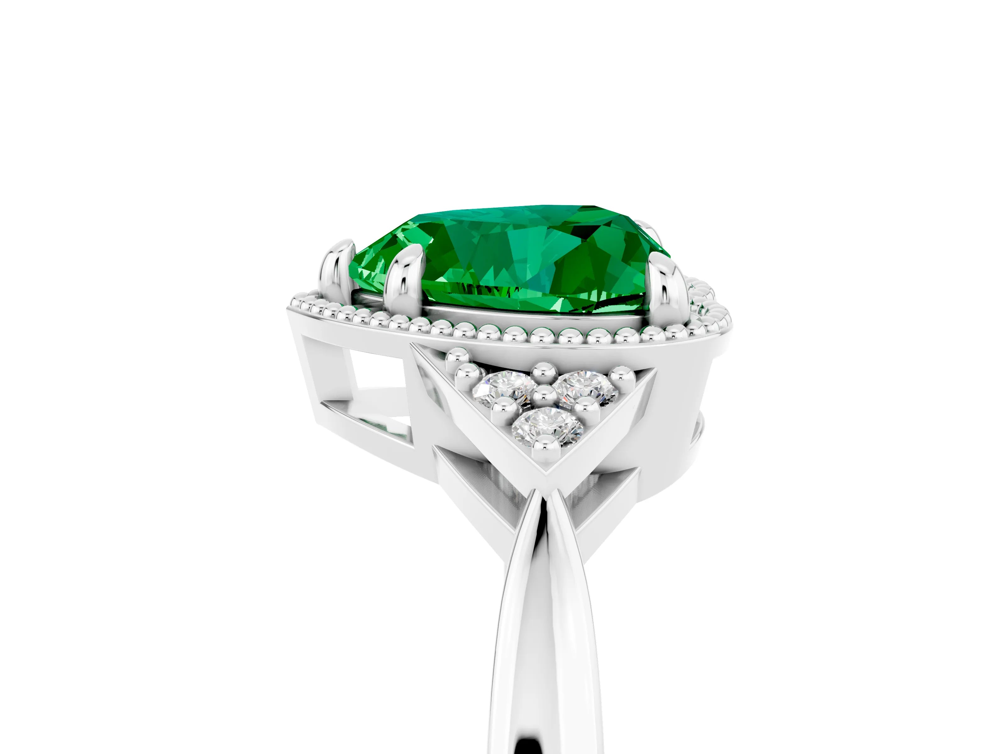 White gold Heart Cut Emerald Halo Ring with Tapered Band and Four-Prong Setting_5