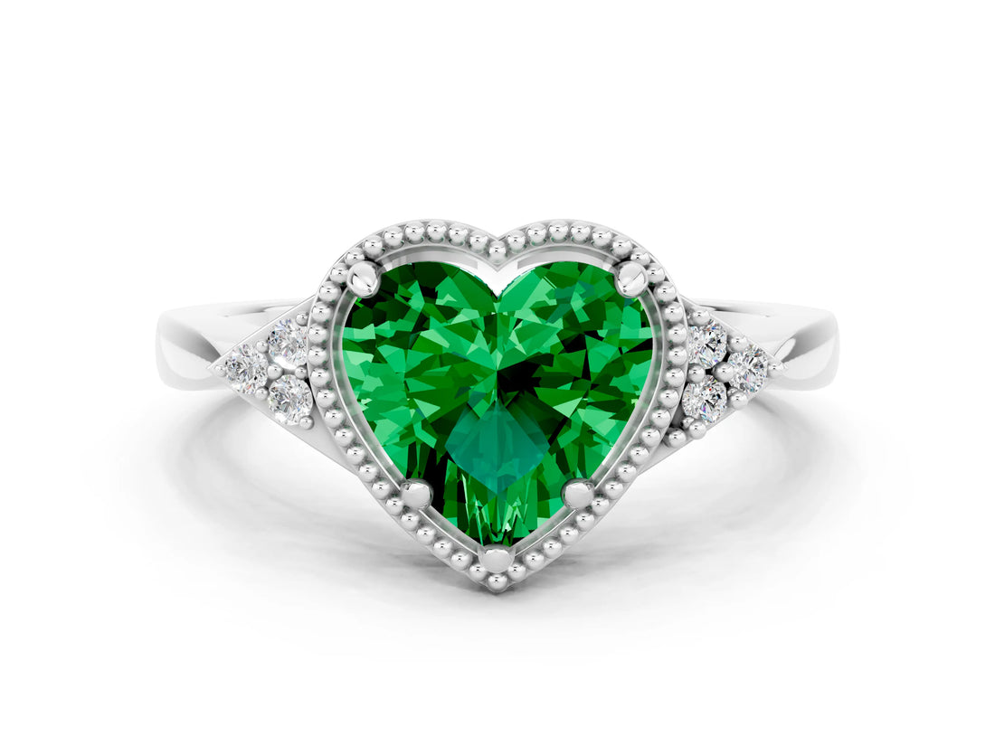White gold Heart Cut Emerald Halo Ring with Tapered Band and Four-Prong Setting