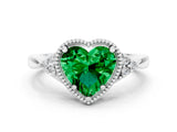 White gold Heart Cut Emerald Halo Ring with Tapered Band and Four-Prong Setting
