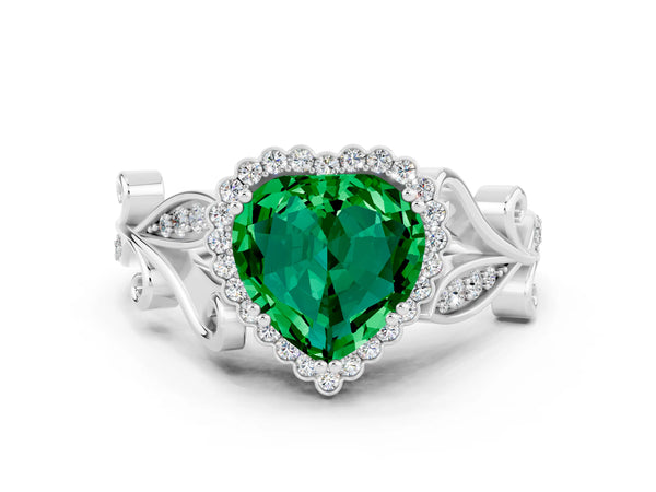 White gold Heart Cut Emerald Halo Ring with Vintage Split Shank and Four-Prong Setting