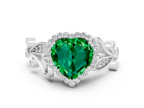 White gold Heart Cut Emerald Halo Ring with Vintage Split Shank and Four-Prong Setting_24