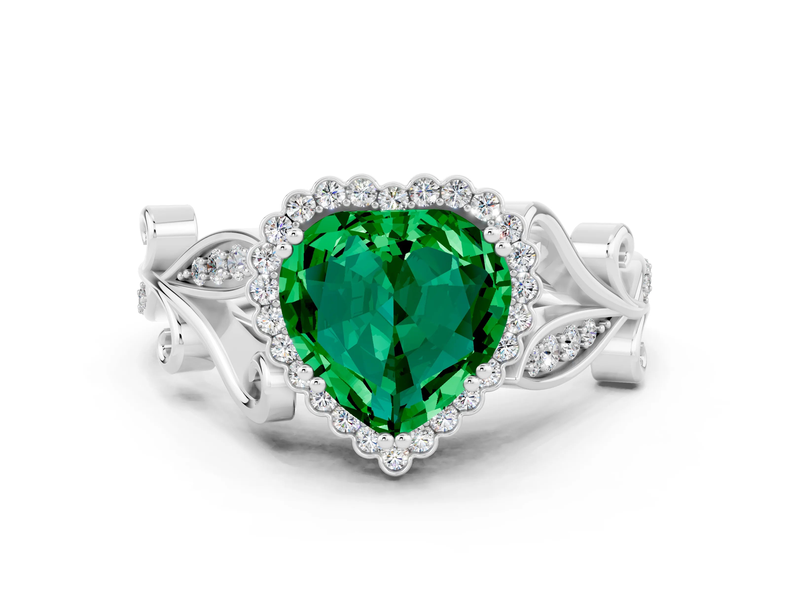 White gold Heart Cut Emerald Halo Ring with Vintage Split Shank and Four-Prong Setting_24