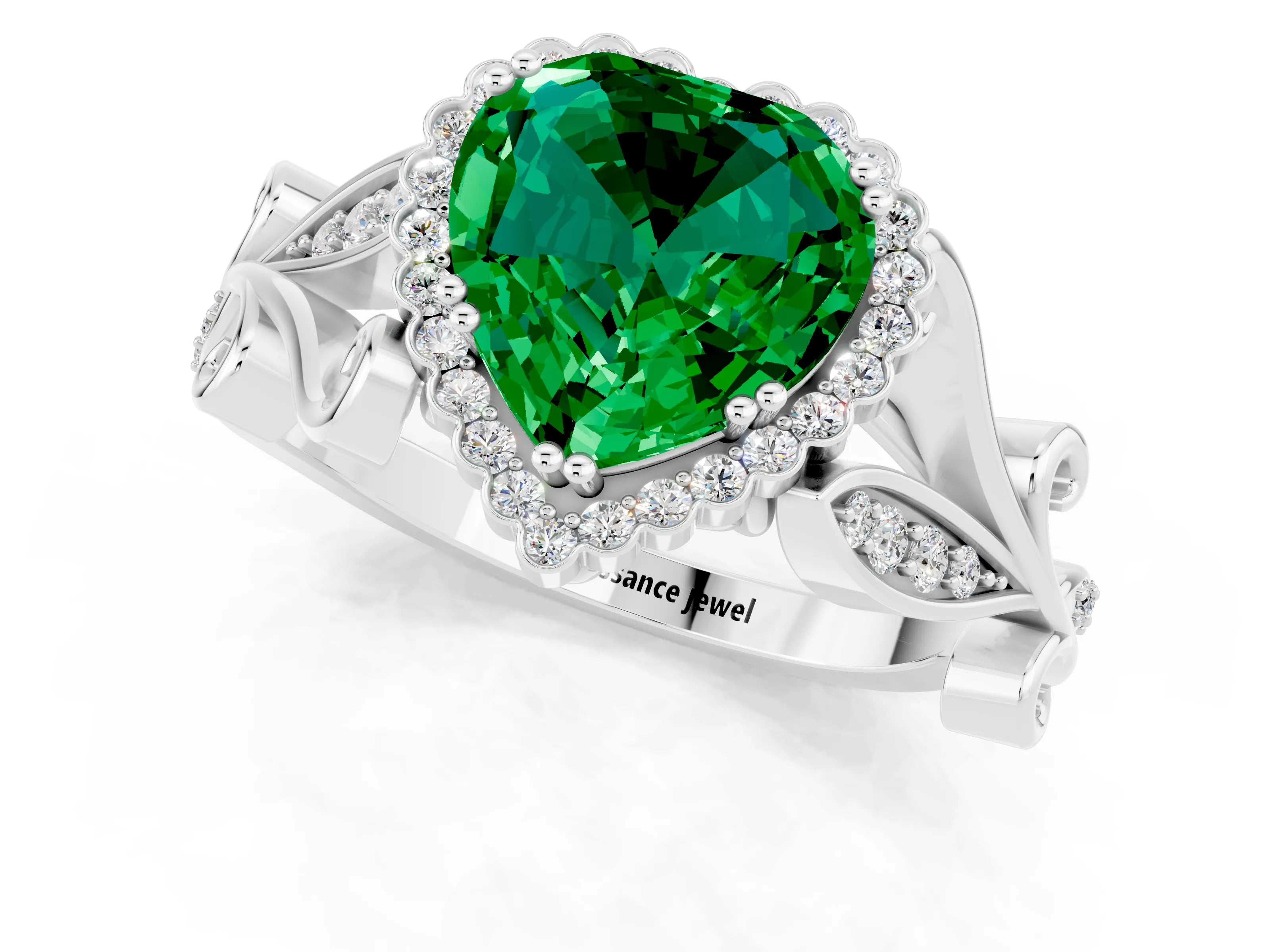 White gold Heart Cut Emerald Halo Ring with Vintage Split Shank and Four-Prong Setting_25
