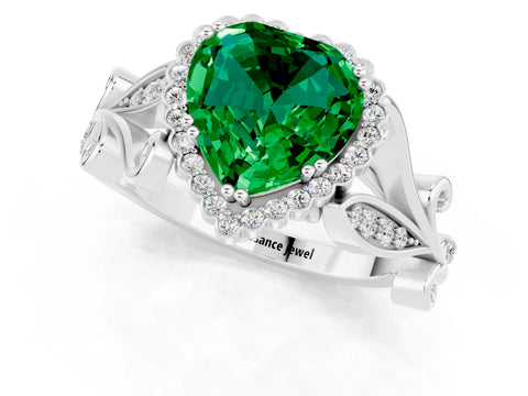 White gold Heart Cut Emerald Halo Ring with Vintage Split Shank and Four-Prong Setting_25
