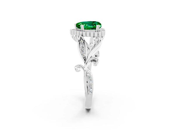 White gold Heart Cut Emerald Halo Ring with Vintage Split Shank and Four-Prong Setting