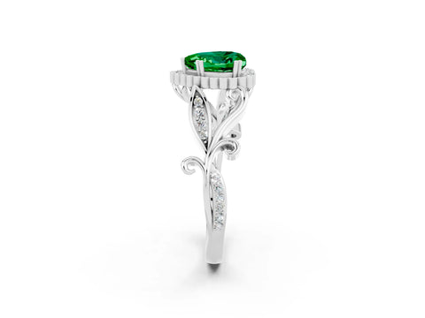White gold Heart Cut Emerald Halo Ring with Vintage Split Shank and Four-Prong Setting_26