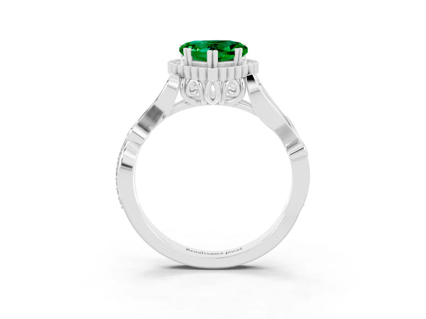 Platinum Heart Cut Emerald Halo Ring with Vintage Split Shank and Four-Prong Setting