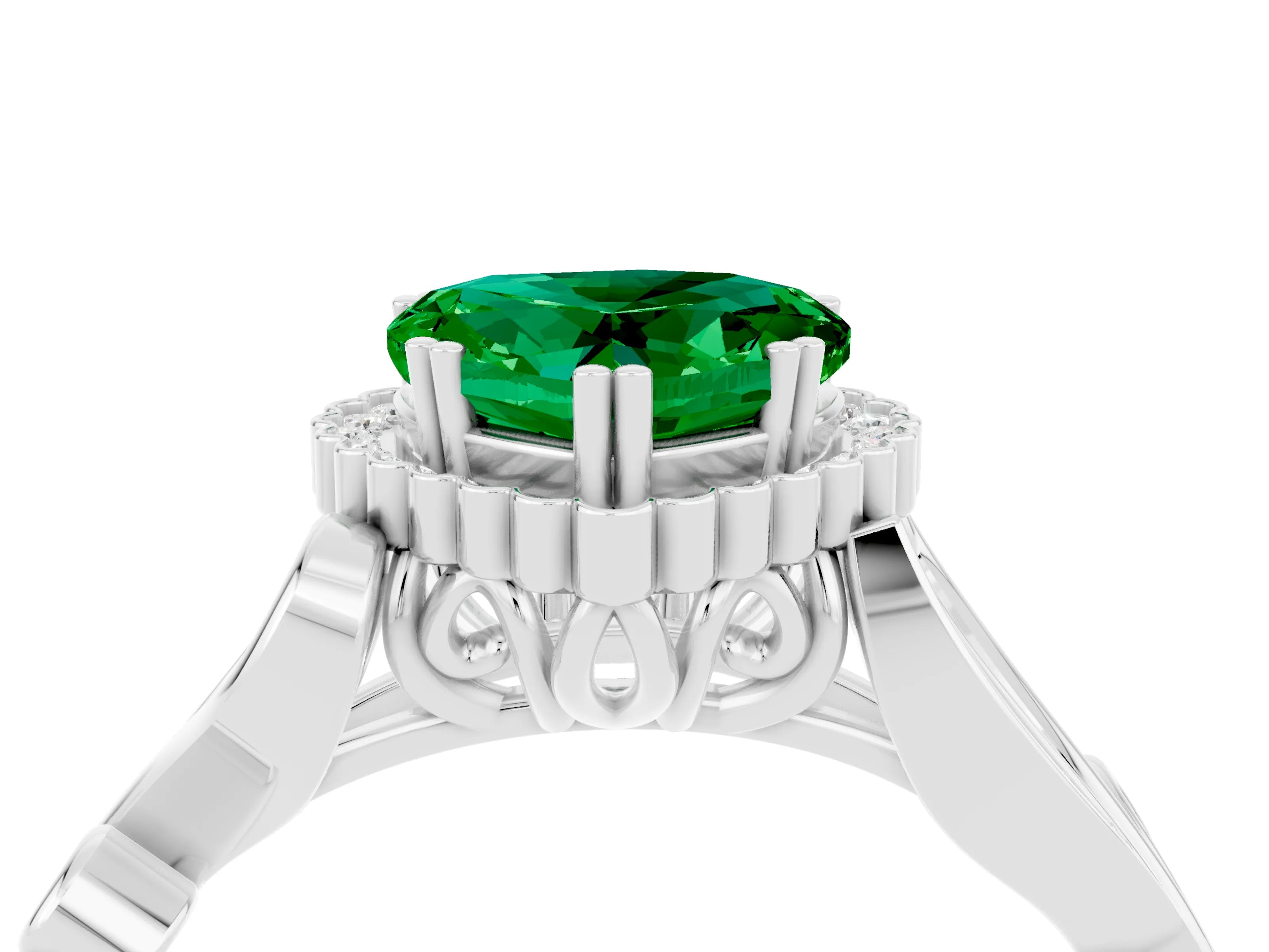 White gold Heart Cut Emerald Halo Ring with Vintage Split Shank and Four-Prong Setting_28