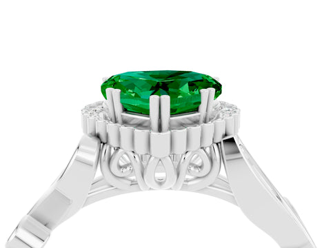 White gold Heart Cut Emerald Halo Ring with Vintage Split Shank and Four-Prong Setting_28