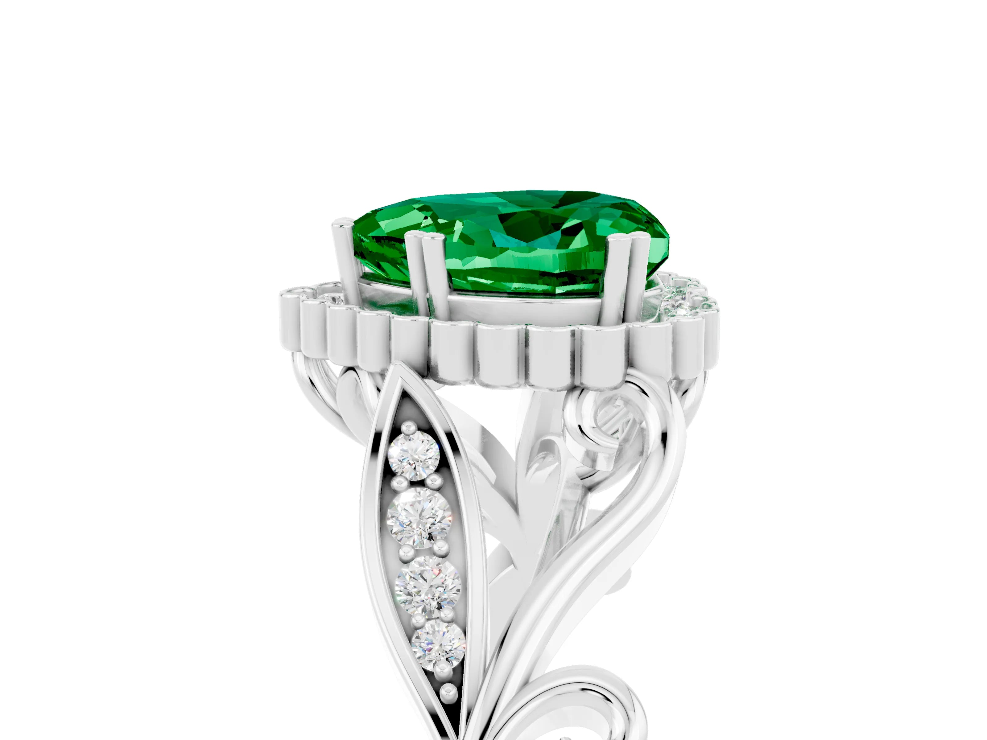 White gold Heart Cut Emerald Halo Ring with Vintage Split Shank and Four-Prong Setting_29