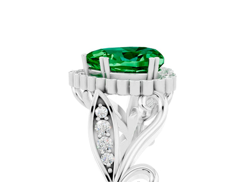 White gold Heart Cut Emerald Halo Ring with Vintage Split Shank and Four-Prong Setting_29