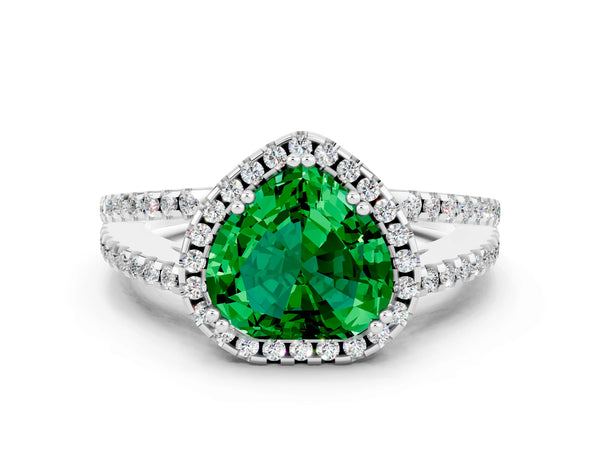 White gold Heart Cut Emerald Halo Split Shank Engagement Ring