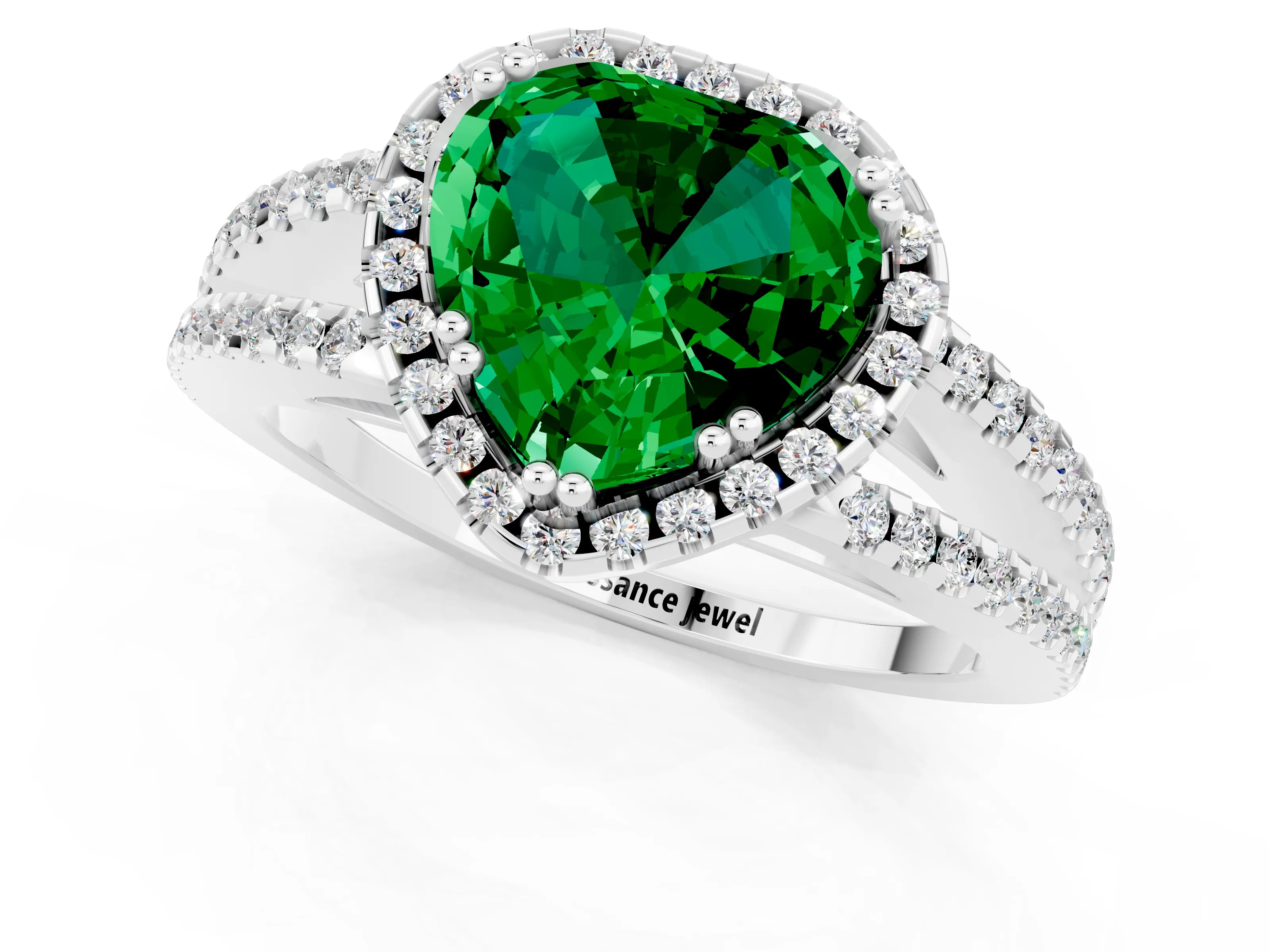 White gold Heart Cut Emerald Halo Split Shank Engagement Ring_13
