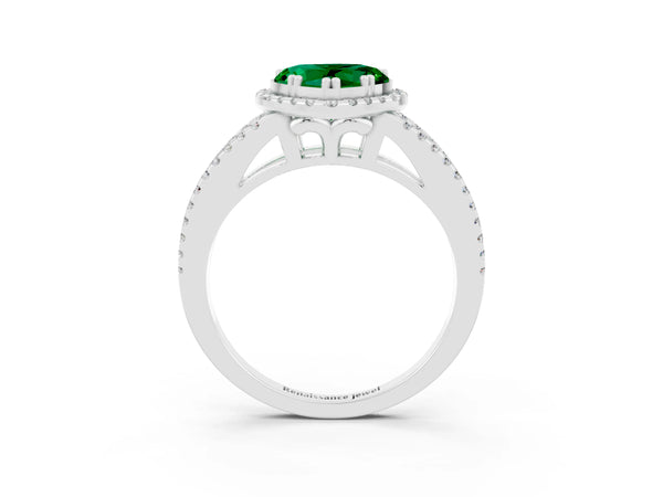 Silver Heart Cut Emerald Halo Split Shank Engagement Ring
