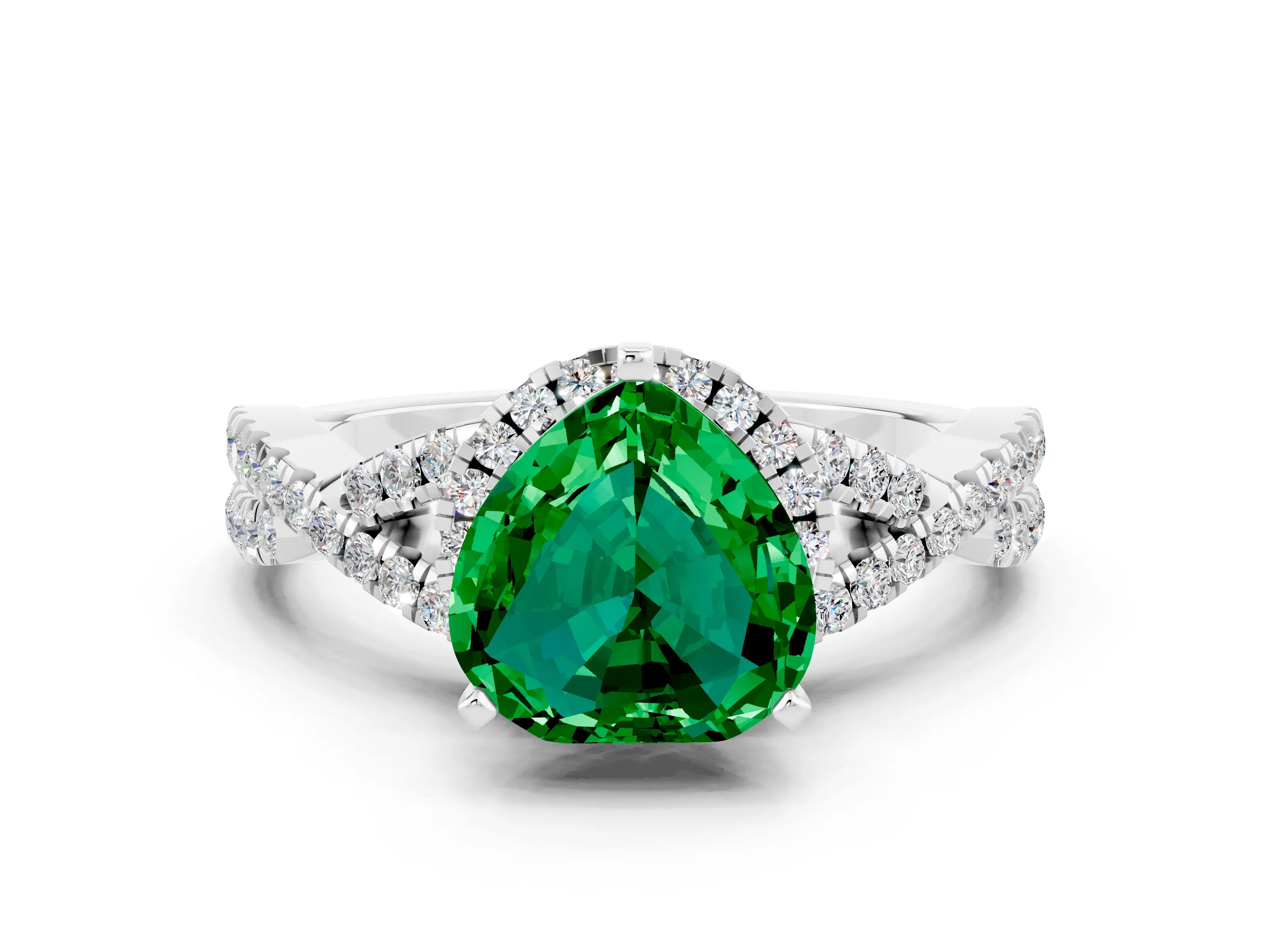 White gold Heart Cut Emerald Halo Twist Band Solitaire Prong Setting Ring