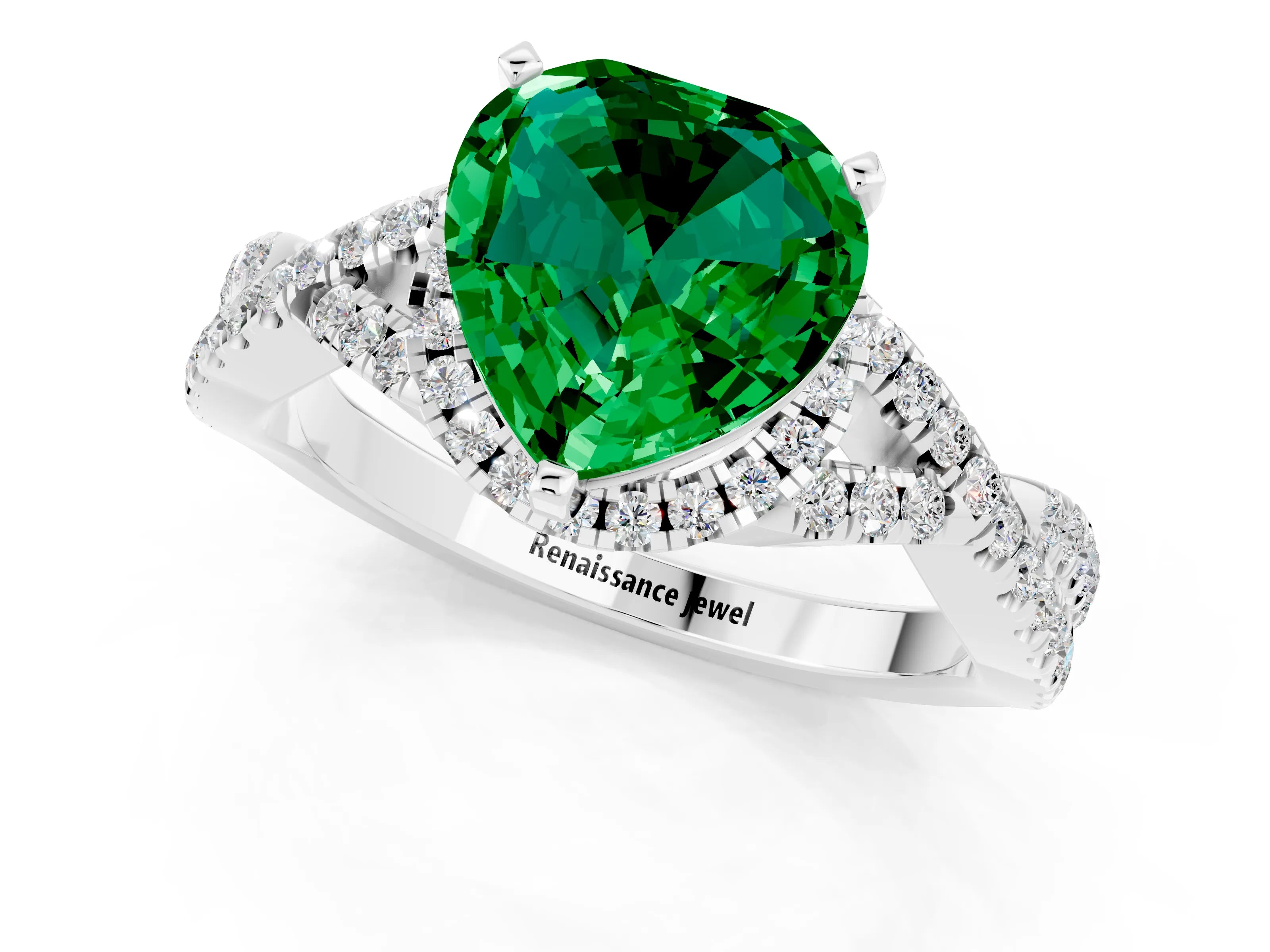 White gold Heart Cut Emerald Halo Twist Band Solitaire Prong Setting Ring_1