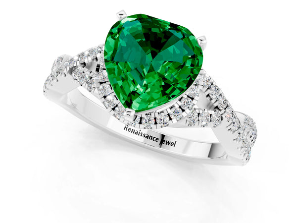Platinum Heart Cut Emerald  Halo Twist Band Solitaire Prong Setting Ring