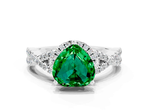 White gold Heart Cut Emerald  Halo Twist Band Solitaire Prong Setting Ring