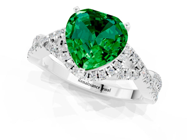 White gold Heart Cut Emerald  Halo Twist Band Solitaire Prong Setting Ring