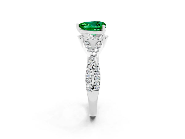 White gold Heart Cut Emerald  Halo Twist Band Solitaire Prong Setting Ring