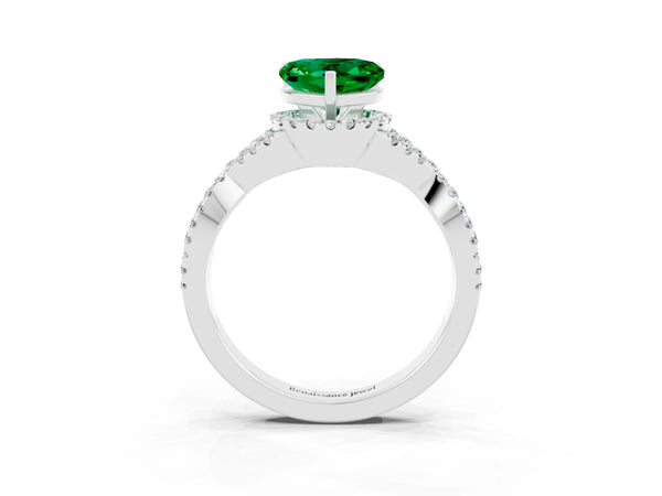 White gold Heart Cut Emerald  Halo Twist Band Solitaire Prong Setting Ring