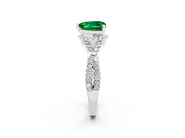 Silver Heart Cut Emerald  Halo Twist Band Solitaire Prong Setting Ring