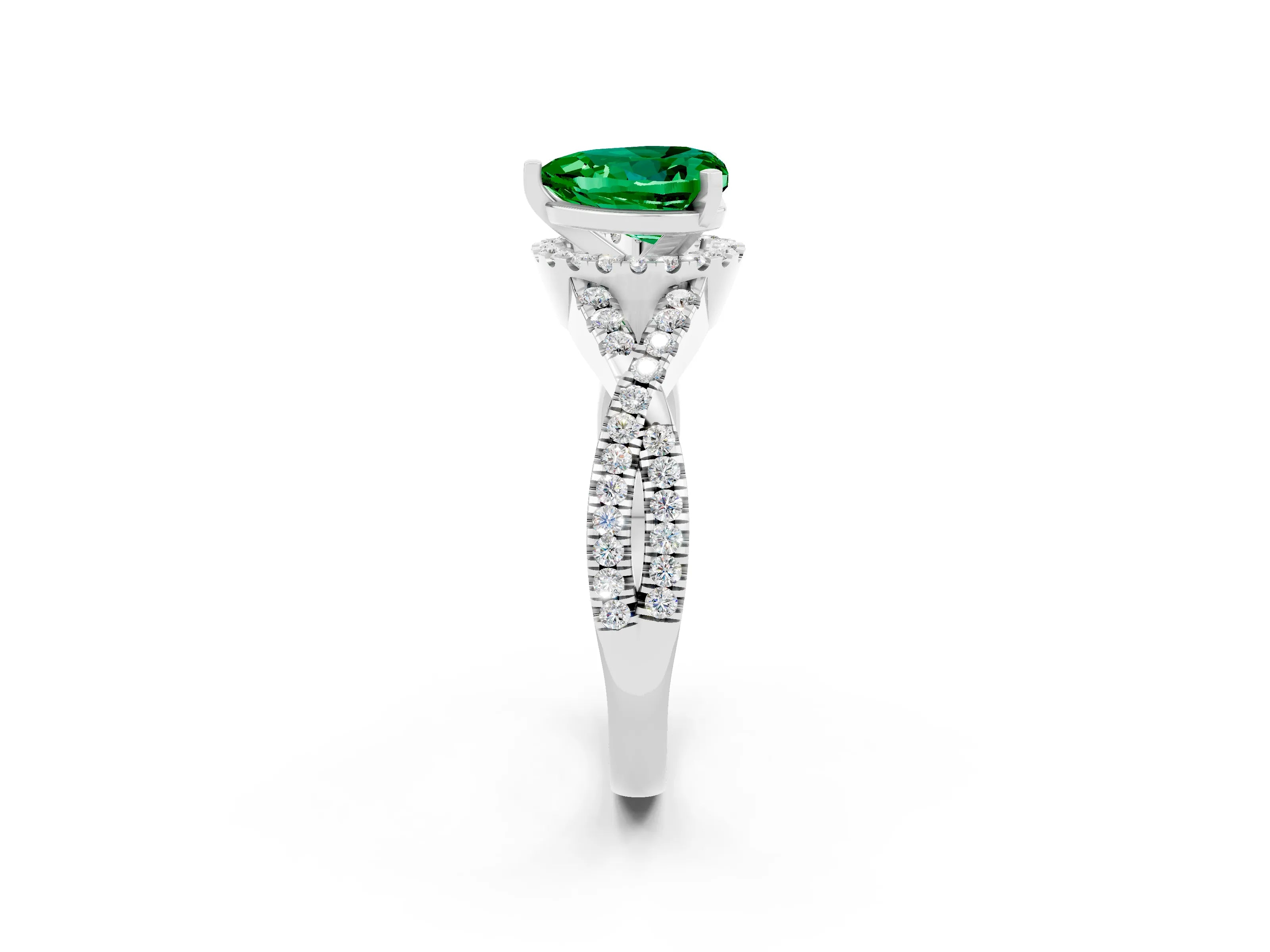 White gold Heart Cut Emerald Halo Twist Band Solitaire Prong Setting Ring_2