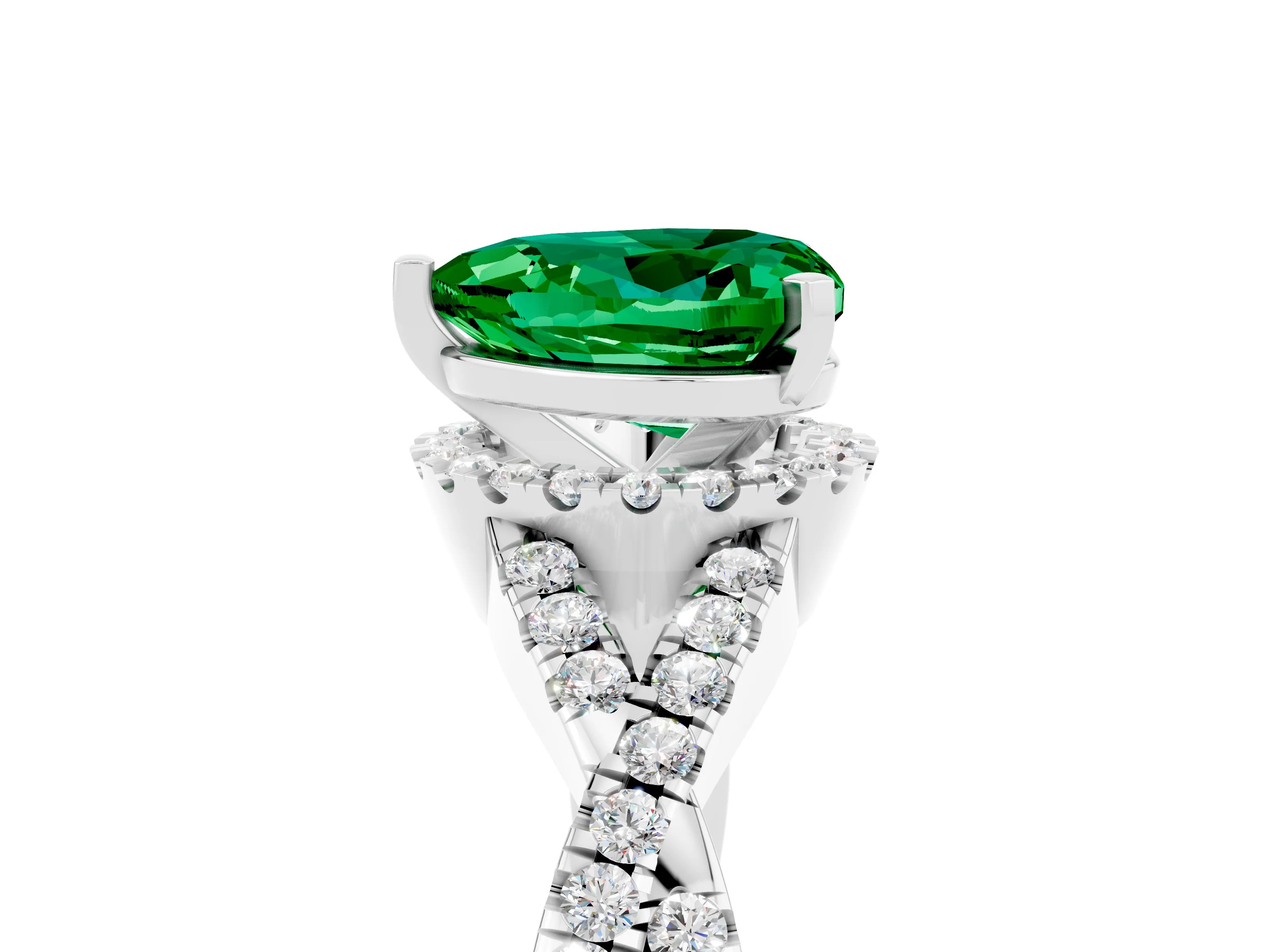 White gold Heart Cut Emerald Halo Twist Band Solitaire Prong Setting Ring_5