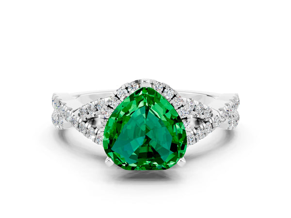 Silver Heart Cut Emerald  Halo Twist Band Solitaire Prong Setting Ring