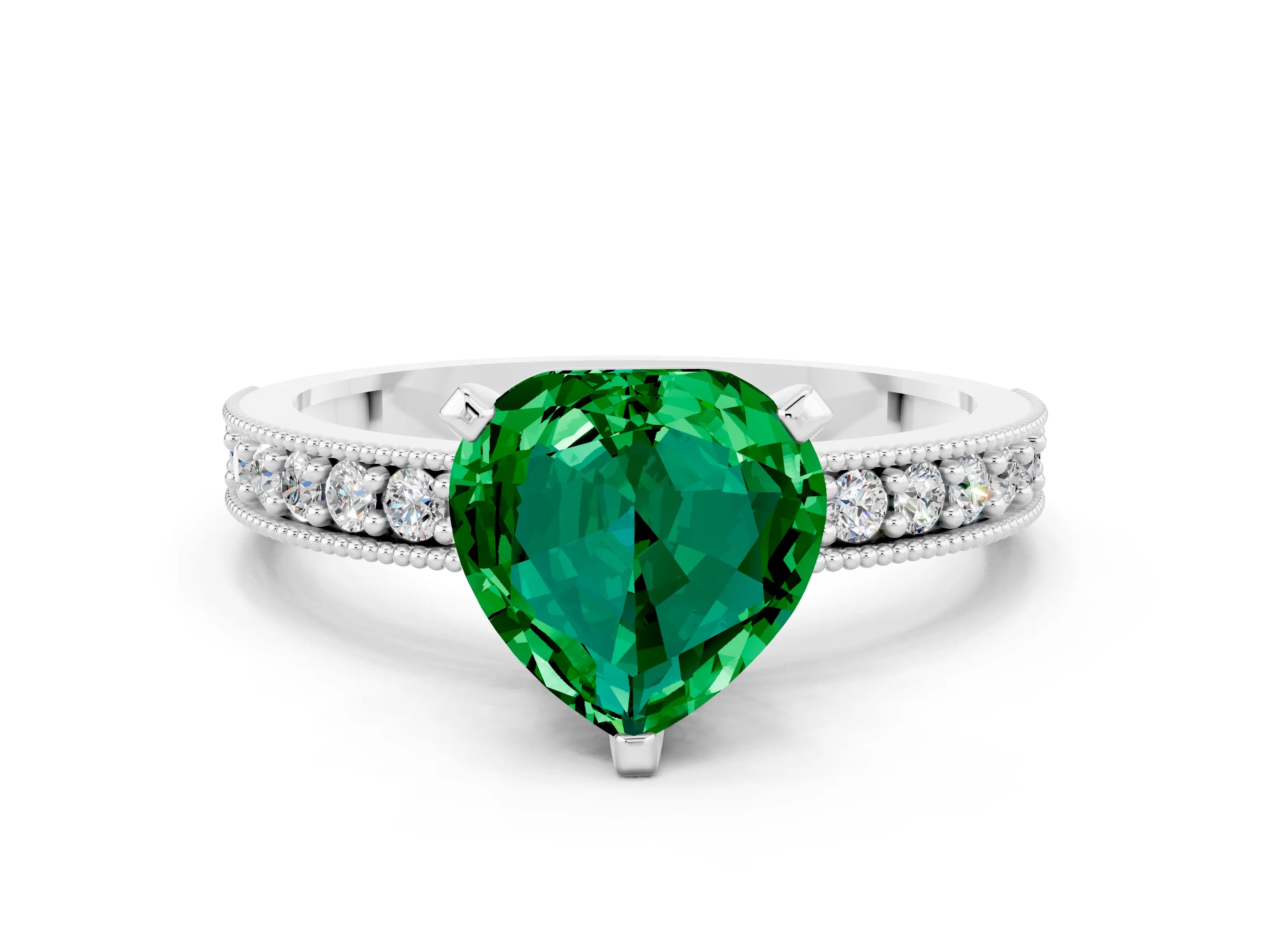White gold Heart Cut Emerald Milgrain Pavé Engagement Ring with Four-Prong Setting_12