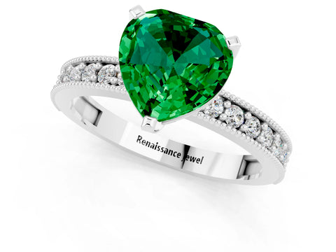 White gold Heart Cut Emerald Milgrain Pavé Engagement Ring with Four-Prong Setting_13