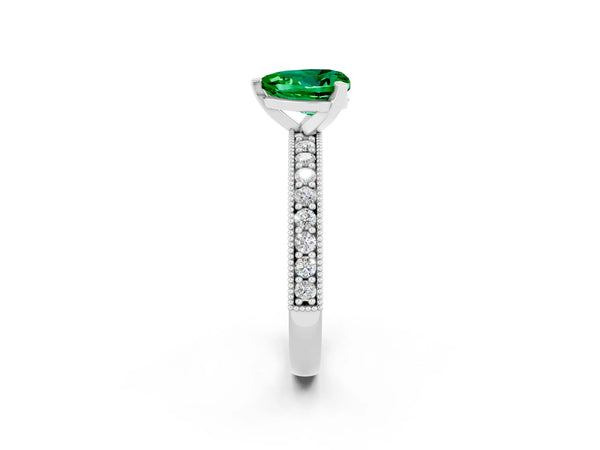 White gold Heart Cut Emerald Milgrain Pavé Engagement Ring with Four-Prong Setting
