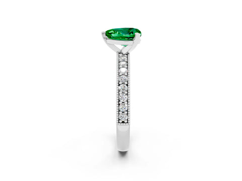 White gold Heart Cut Emerald Milgrain Pavé Engagement Ring with Four-Prong Setting_14