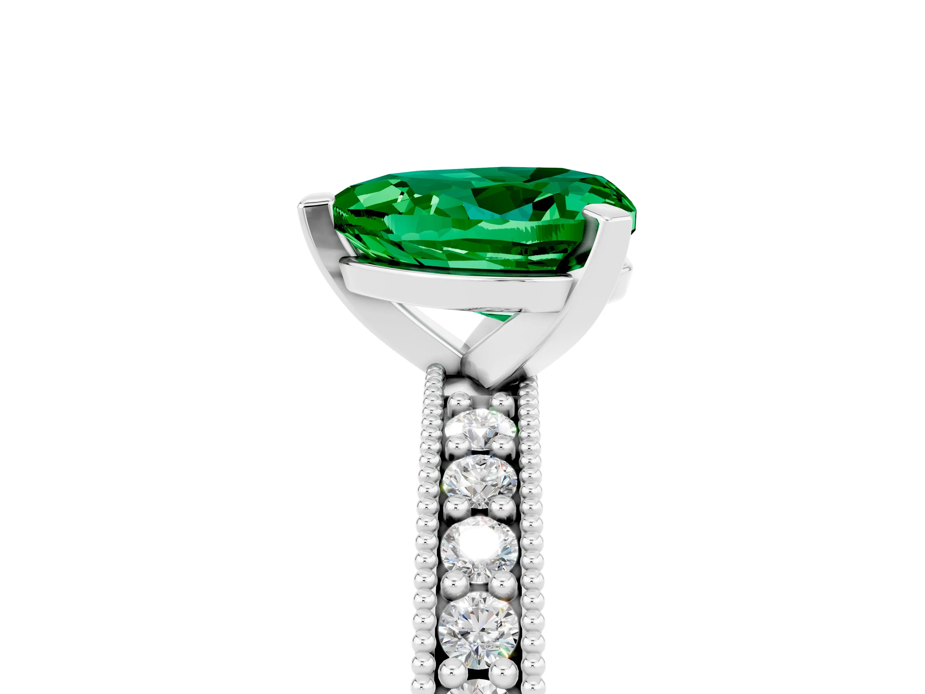 White gold Heart Cut Emerald Milgrain Pavé Engagement Ring with Four-Prong Setting_17