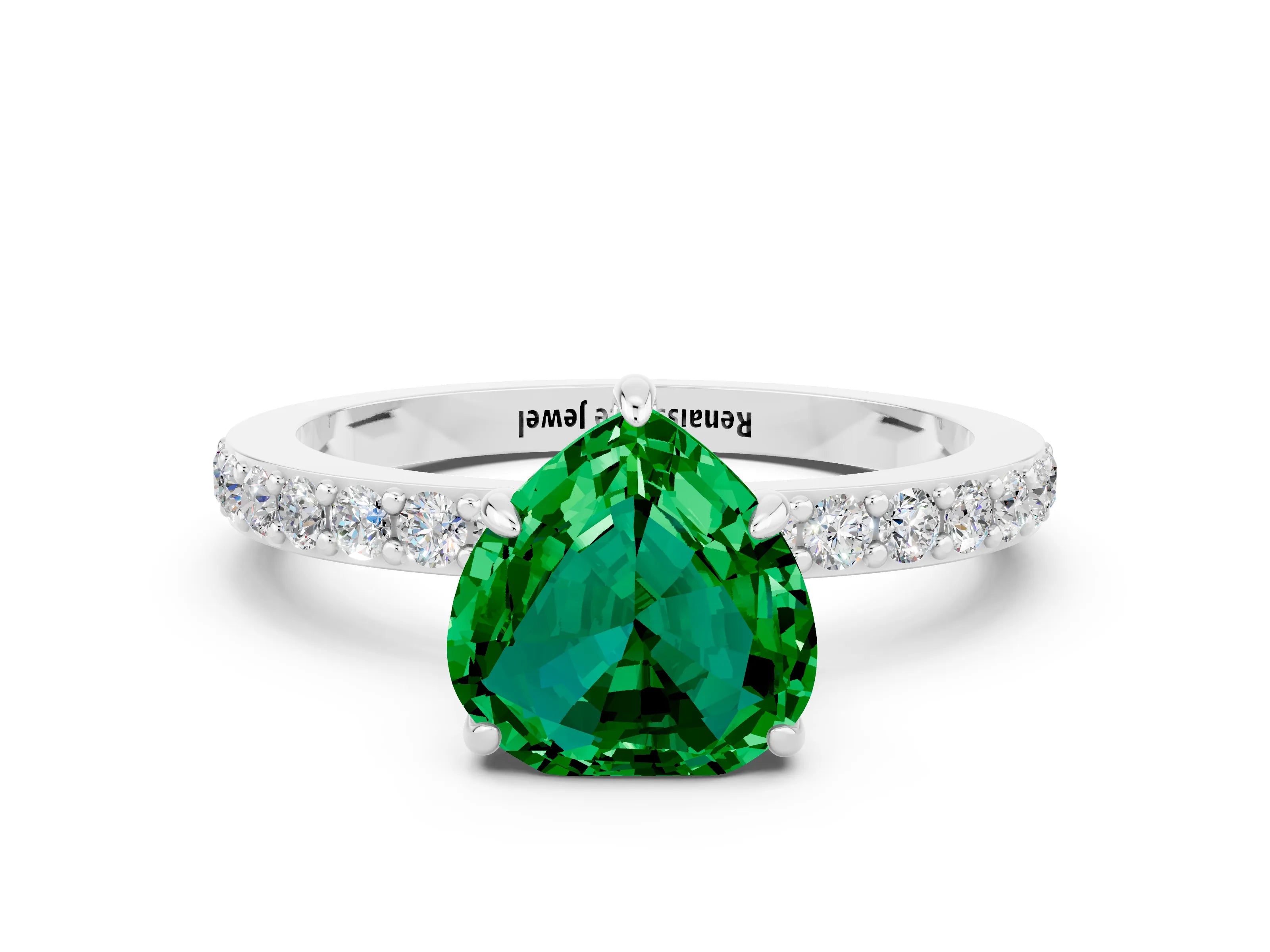 White gold Heart Cut Emerald Pavé Engagement Ring with Round  Accents and Prong Setting_24