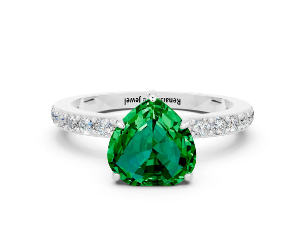 White gold Heart Cut Emerald Pavé Engagement Ring with Round  Accents and Prong Setting