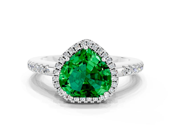 Platinum Heart Cut Emerald Pavé Halo Ring with Four-Prong Setting