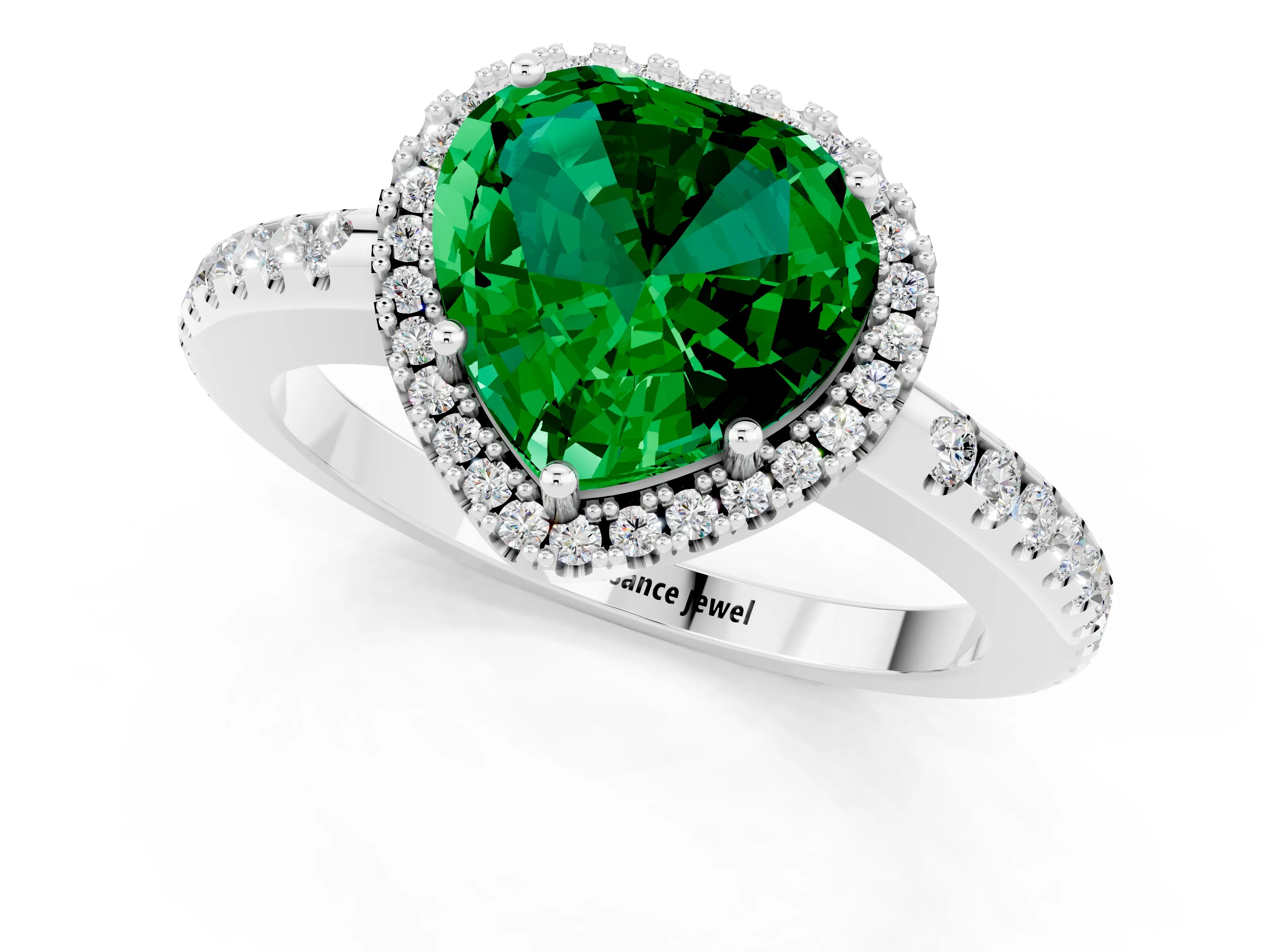 White gold Heart Cut Emerald Pavé Halo Ring with Four-Prong Setting_13
