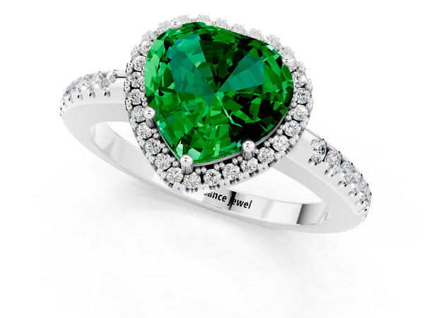 Silver Heart Cut Emerald Pavé Halo Ring with Four-Prong Setting